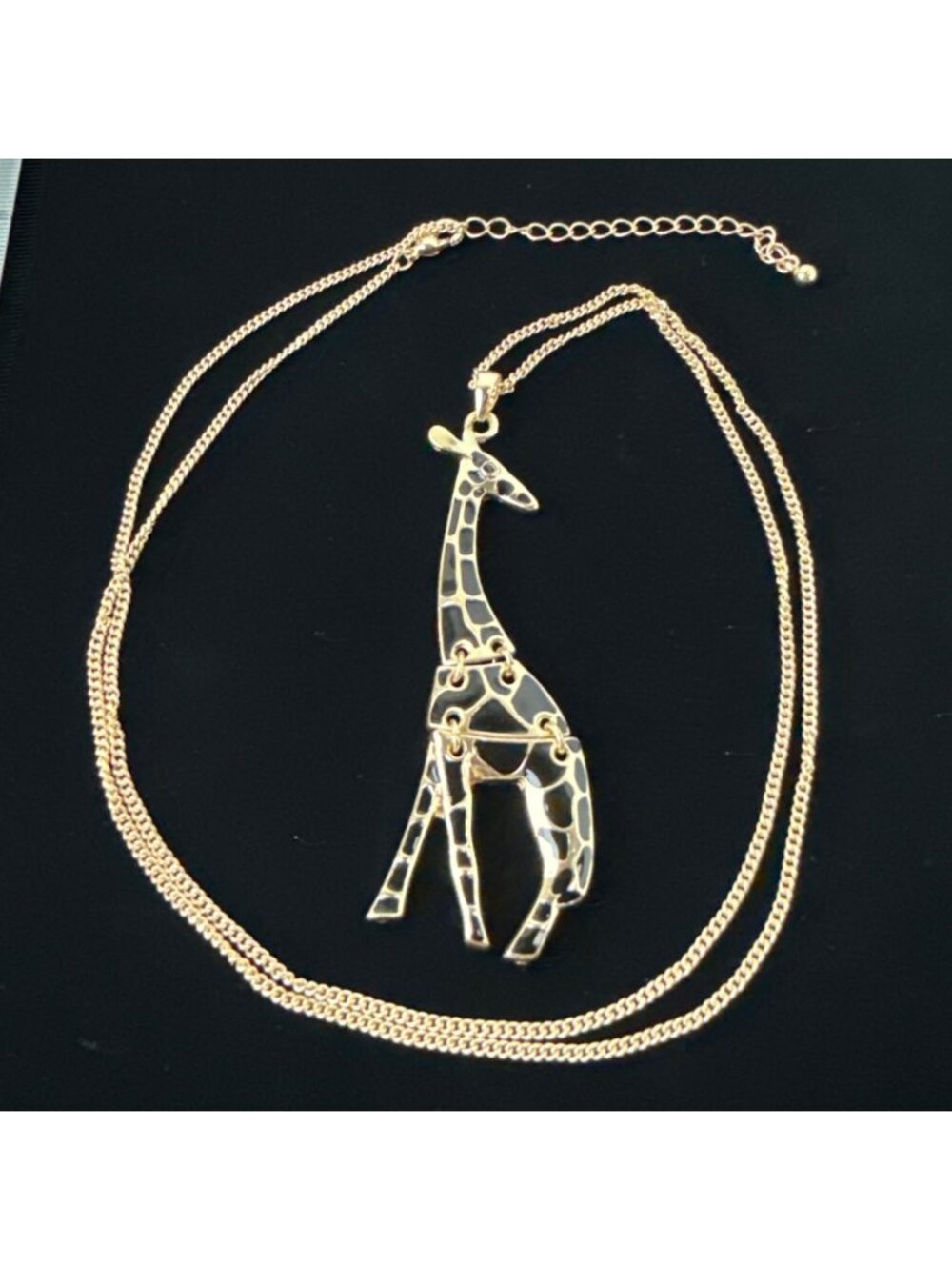Vintage Articulated Giraffe Pendant Necklace Gold Tone Enamel Geometric Movable